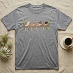 Bearded Dragon Beard States T-Shirt in Sport Grey — Watercolour illustration of four bearded dragons on a branch, each with a different beard and mouth state.