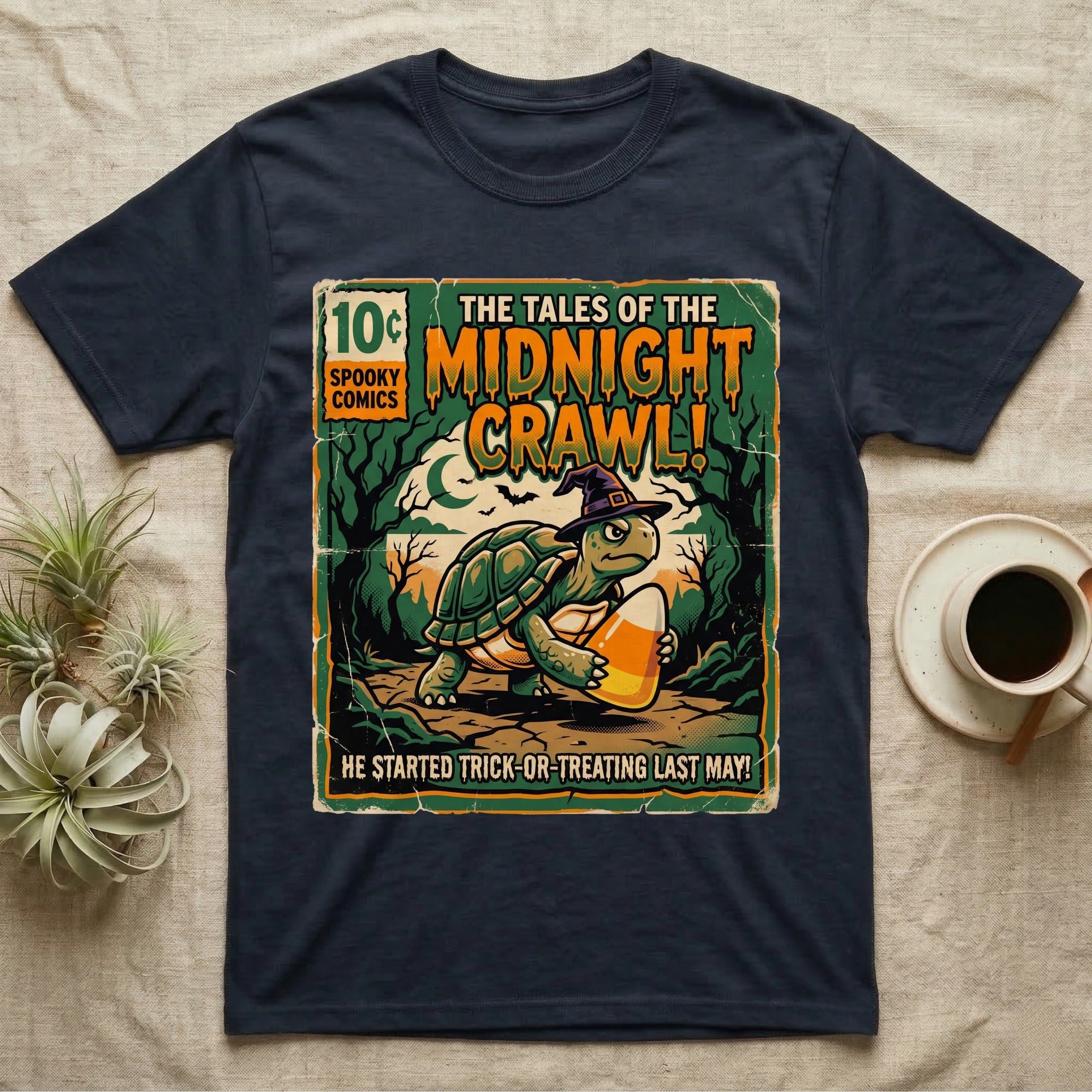 Tortoise Midnight Crawl Comic T-Shirt in Navy — Vintage comic cover of a witch-hatted tortoise with candy corn in a moonlit forest, "Tales of the Midnight Crawl."