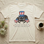 Jumping Spider Cute T-Shirt in Natural — Kawaii jumping spider with big eyes in a top hat waving two flags above script United We Stand, 250 Years and Still Cute.