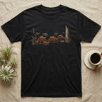 Box Turtle Forest Floor T-Shirt in Black — Sepia ink and wash illustration of eight eastern box turtles crossing open woodland between two deadfall trunks.