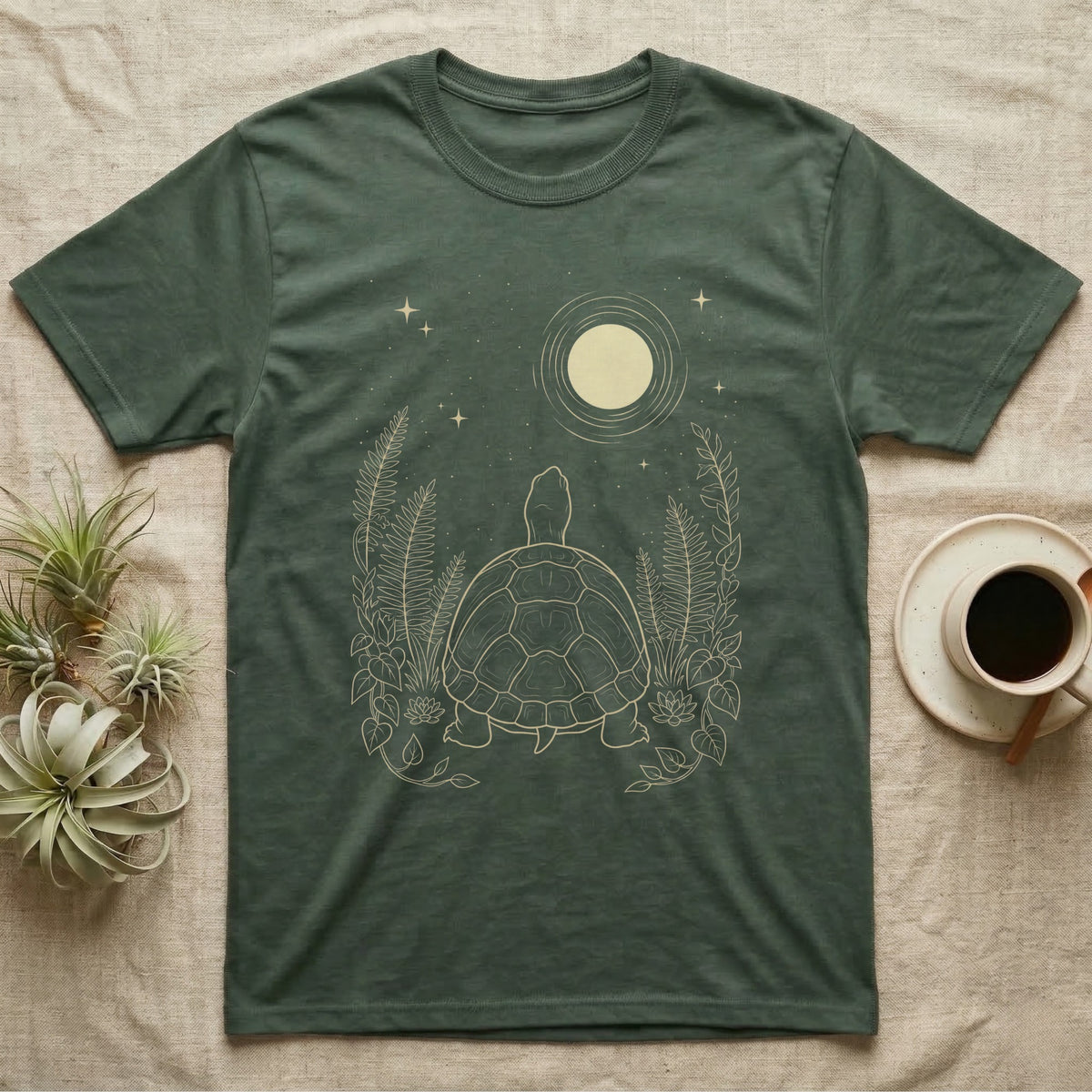 Eastern Box Turtle Moon T-Shirt in Military Green — Warm-bone line drawing of an Eastern box turtle from behind gazing at a moon among ferns on grey