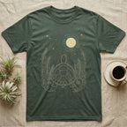 Eastern Box Turtle Moon T-Shirt in Military Green — Warm-bone line drawing of an Eastern box turtle from behind gazing at a moon among ferns on grey