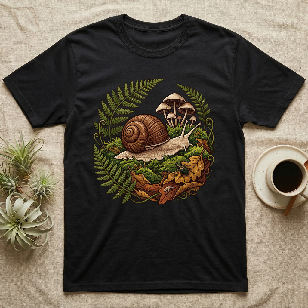 Garden Snail Moss Terrarium T-Shirt in Black — Garden snail crossing moss inside a circular forest vignette of ferns, mushrooms, oak leaves and a beetle.