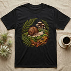 Garden Snail Moss Terrarium T-Shirt in Black — Garden snail crossing moss inside a circular forest vignette of ferns, mushrooms, oak leaves and a beetle.