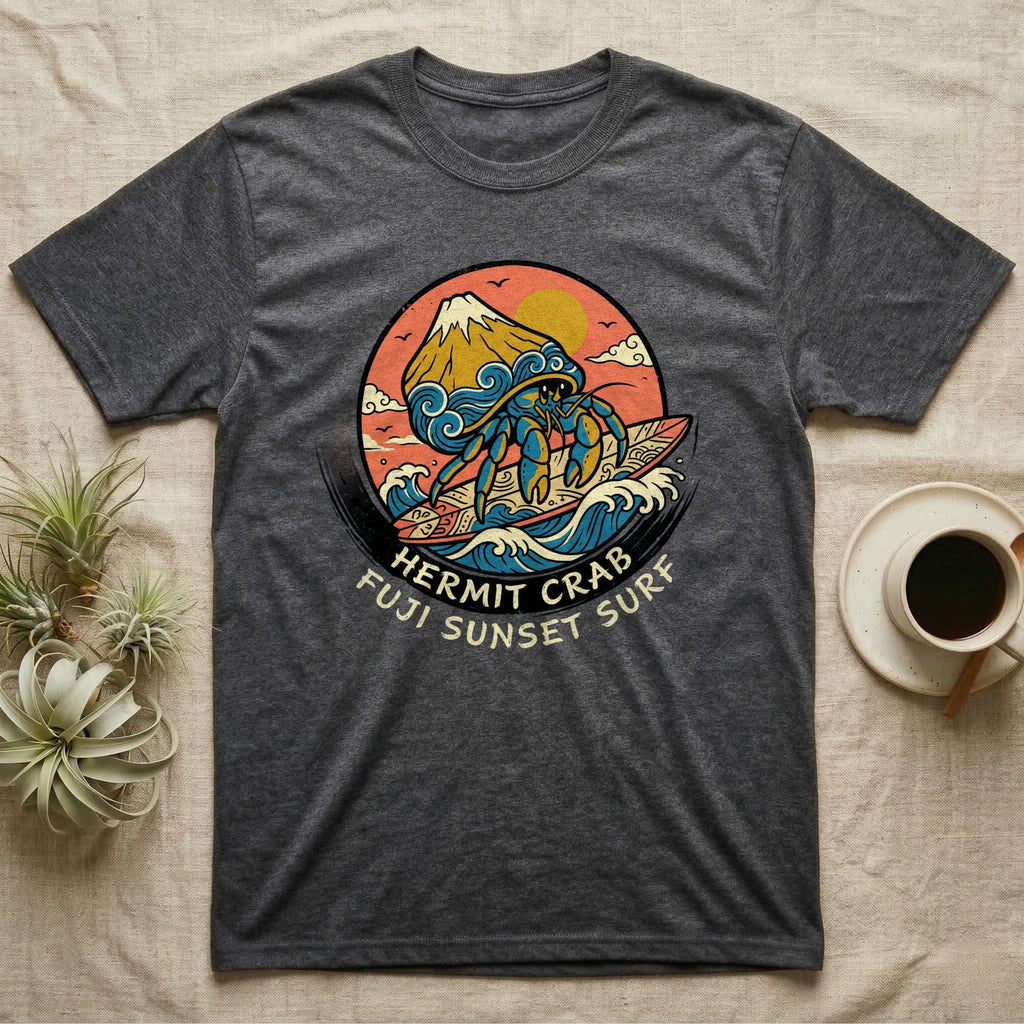 Hermit crab surfing on a wave with Mount Fuji in the background, "Fuji Sunset Surf".