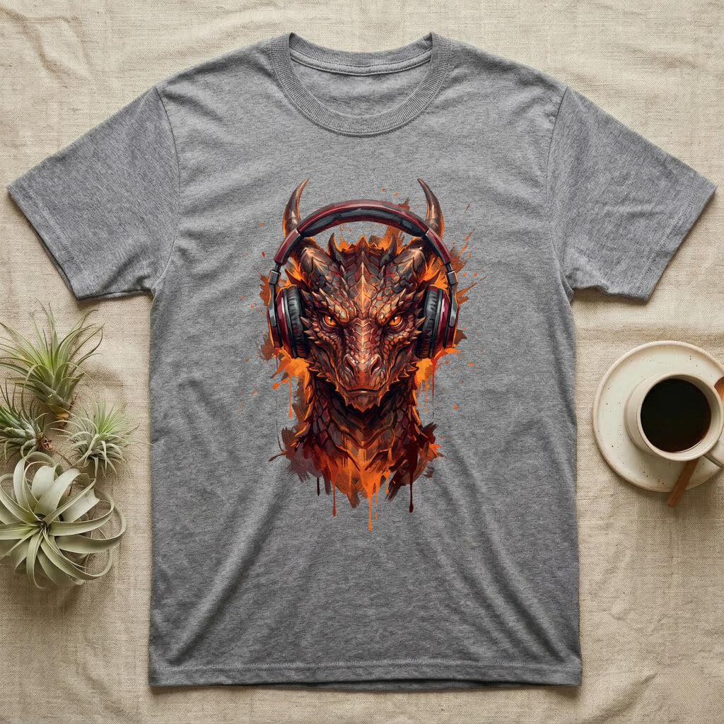 T-shirt with a fierce dragon wearing red headphones, against a textured background.