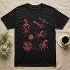 Black t-shirt with illustrated octopuses in space, some with planets.