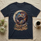 Dark t-shirt with bearded dragon and cosmic moon design.