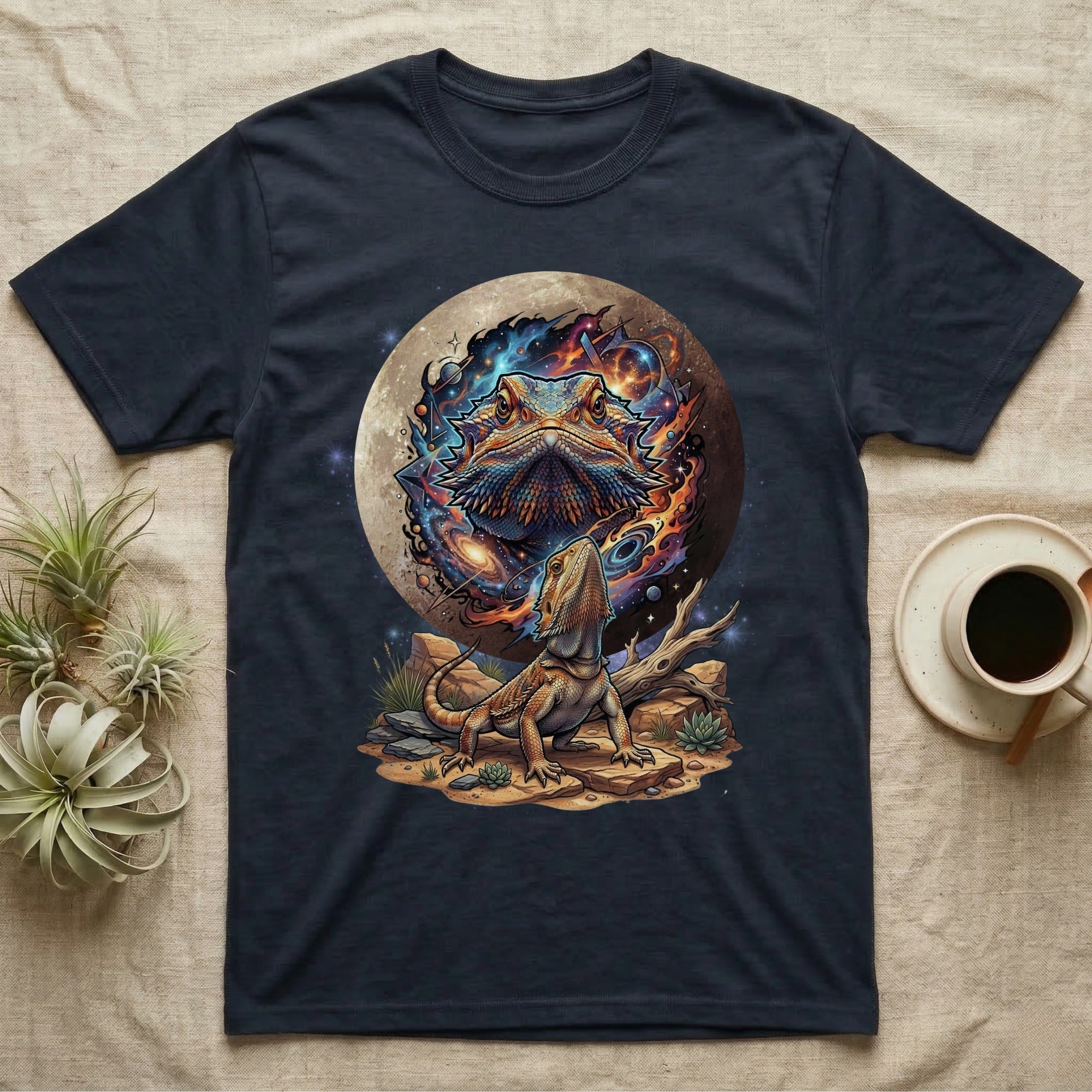 Dark t-shirt with bearded dragon and cosmic moon design.