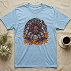 Light blue t-shirt with a tarantula in a burrow surrounded by orange leaves.