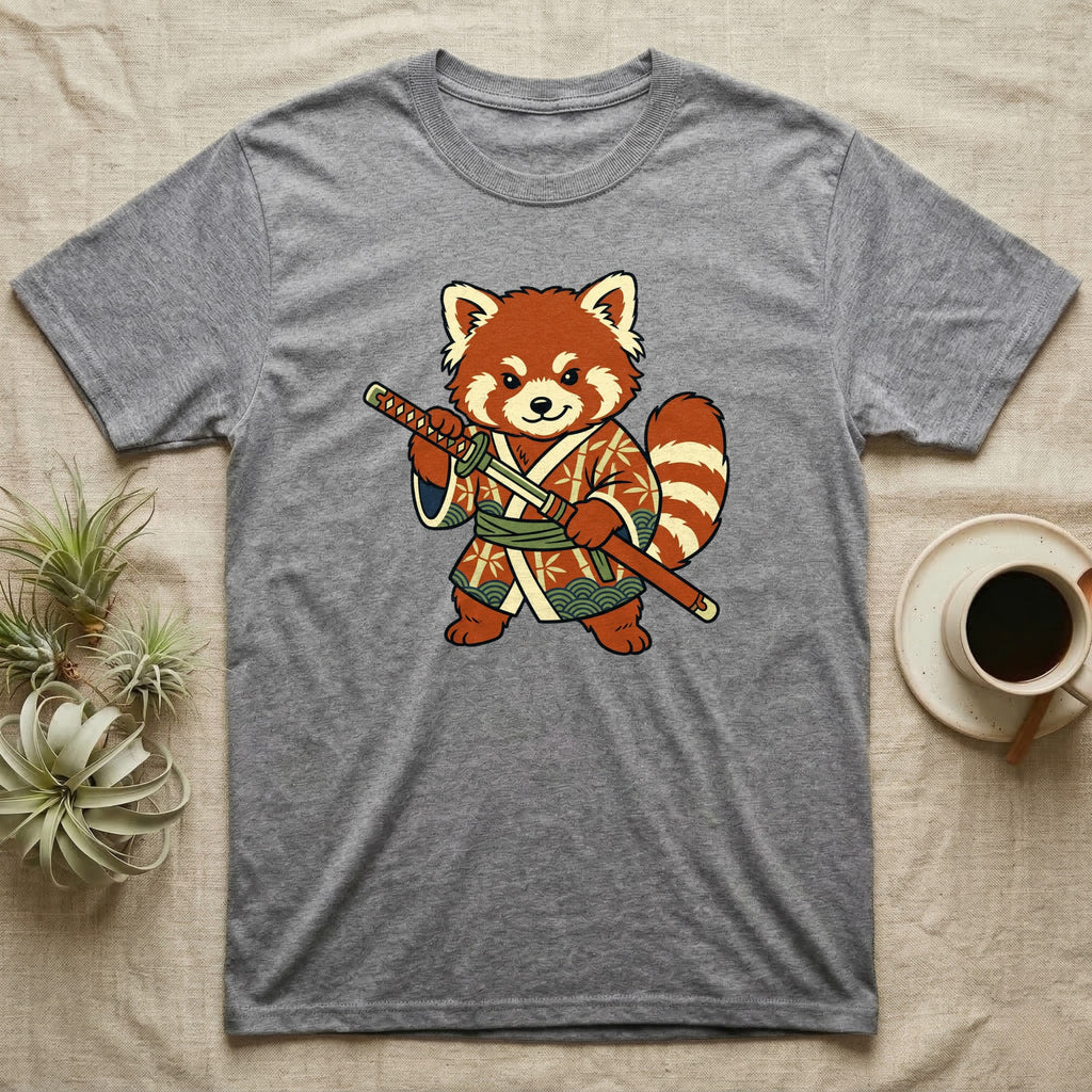 Red panda in kimono holding a katana on a gray t-shirt.