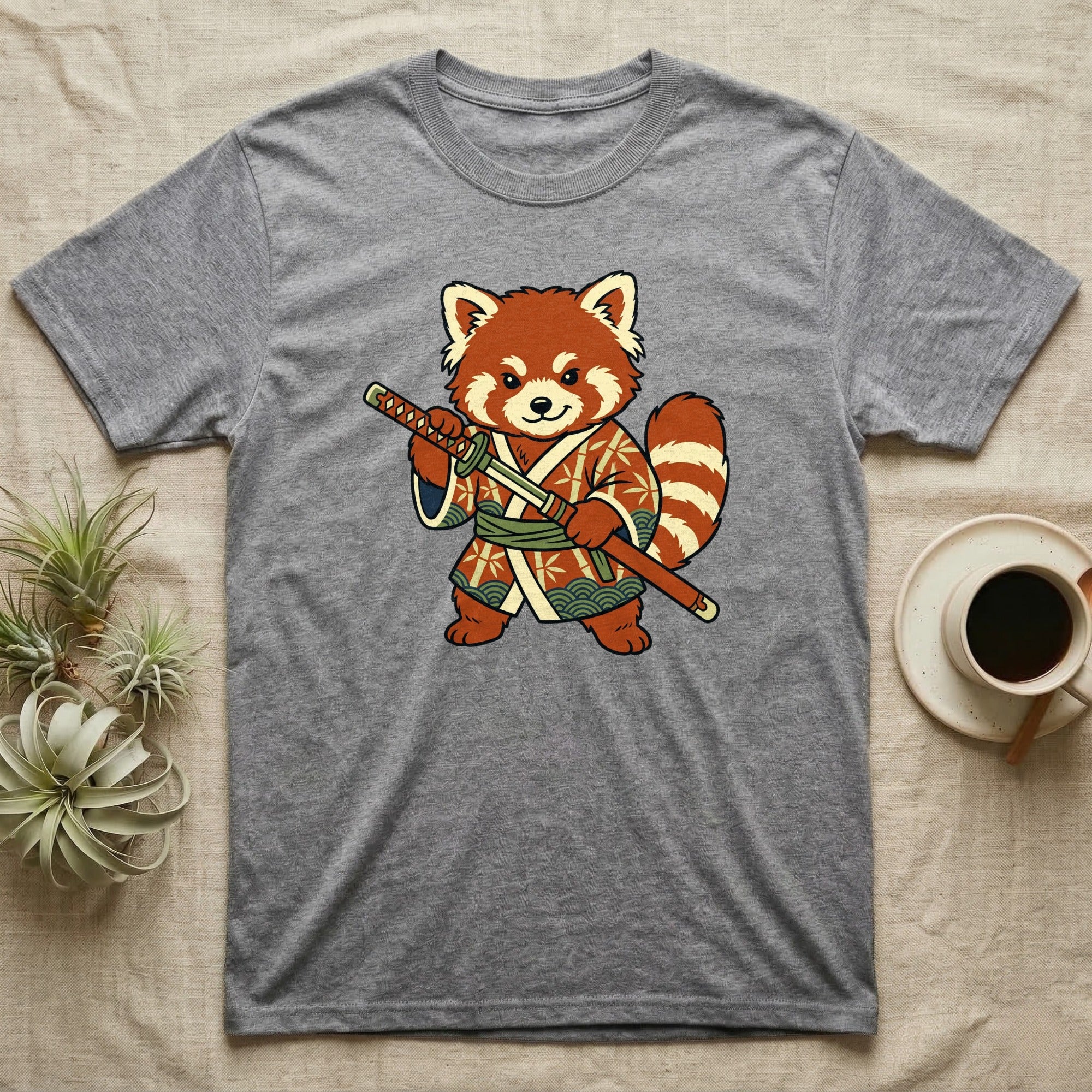 Red panda in kimono holding a katana on a gray t-shirt.