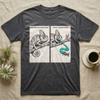 Veiled Chameleon Diet T-Shirt in Dark Heather — Two-panel vector illustration of a veiled chameleon, calm on the left and tongue mid-strike on the right.