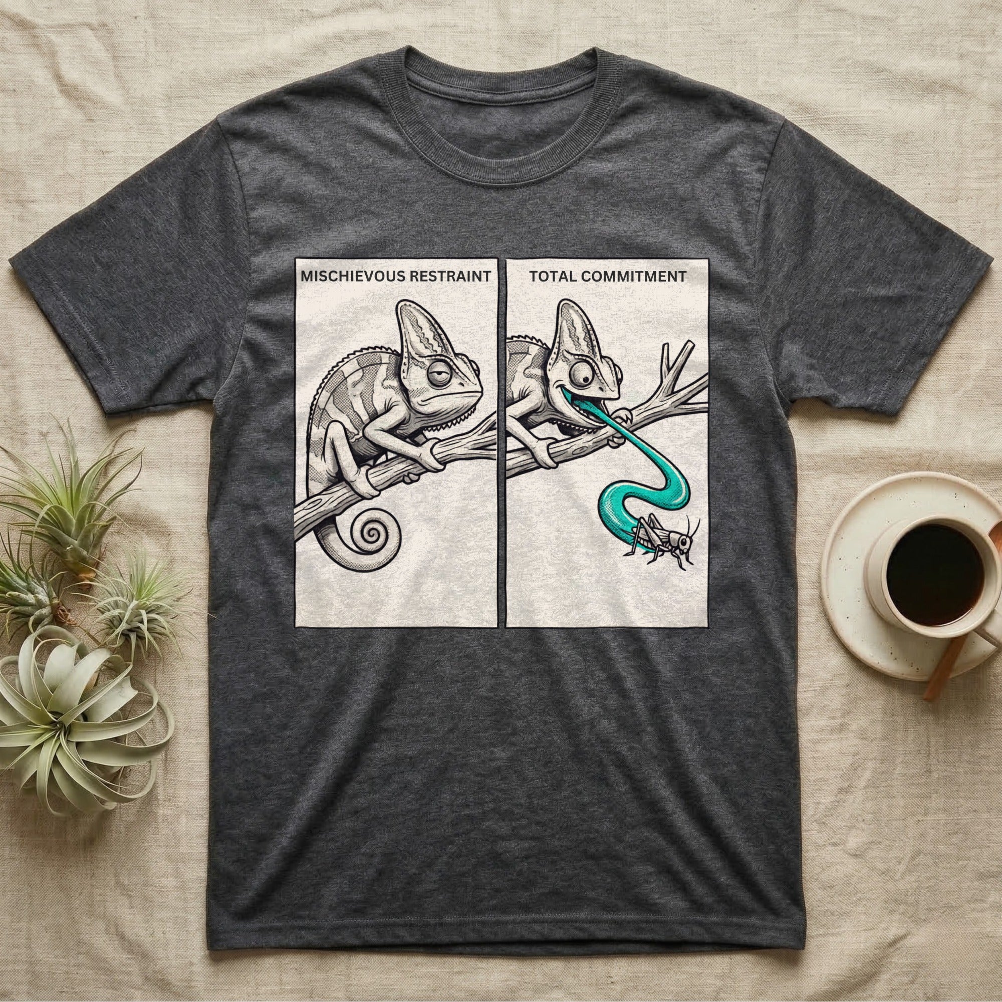 Veiled Chameleon Diet T-Shirt in Dark Heather — Two-panel vector illustration of a veiled chameleon, calm on the left and tongue mid-strike on the right.
