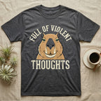 Capybara Violent Thoughts Tee in Dark Heather — Vector-bold portrait of a serenely half-smiling capybara framed by cream slab typography reading "Full Of Violent Thoughts."
