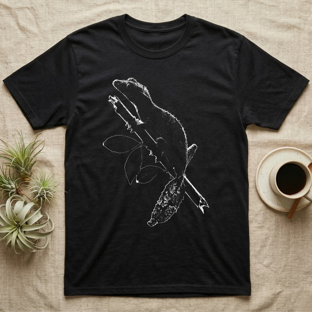 Leaf-Tailed Gecko Rimlight T-Shirt in Black — Satanic leaf-tailed gecko resting on a broken branch, drawn only as a near-white lit edge on black with its body left empty dark.