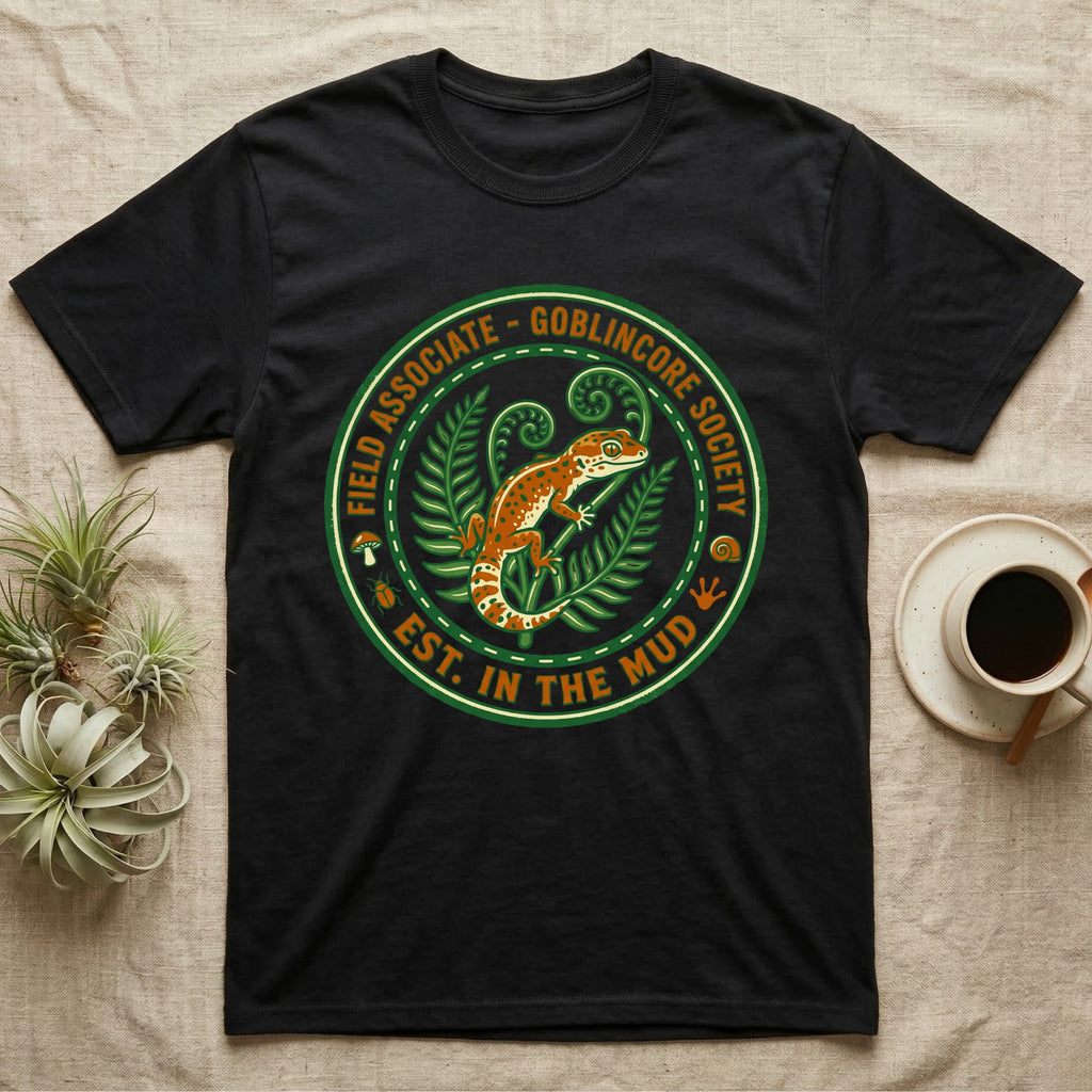 Black t-shirt with a circular green and orange graphic featuring a gecko and fern leaves.