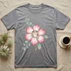 Gray t-shirt with watercolor gecko and pink flower design.