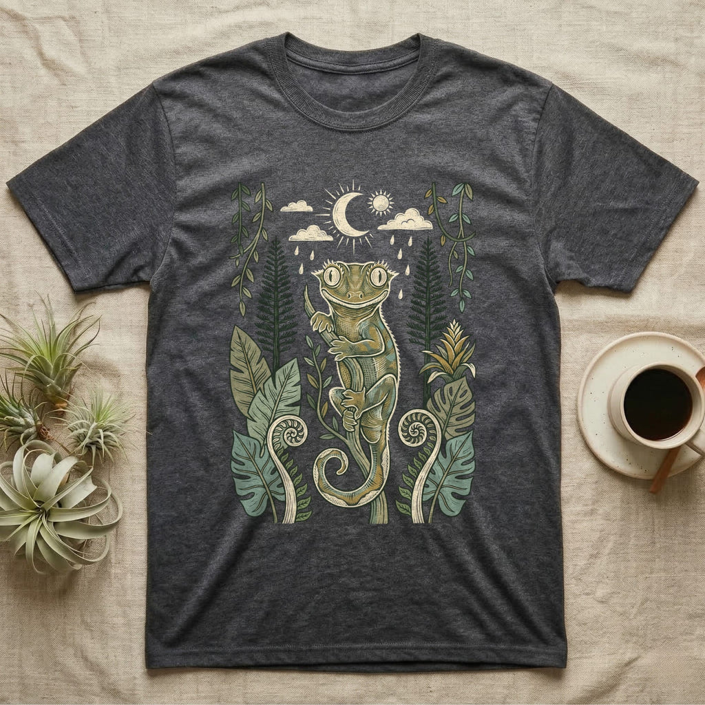 Crested Gecko Rainforest T-Shirt in Dark Heather — Linocut-style crested gecko clinging to a branch under a crescent moon, framed by rainforest ferns, pines and leaves.