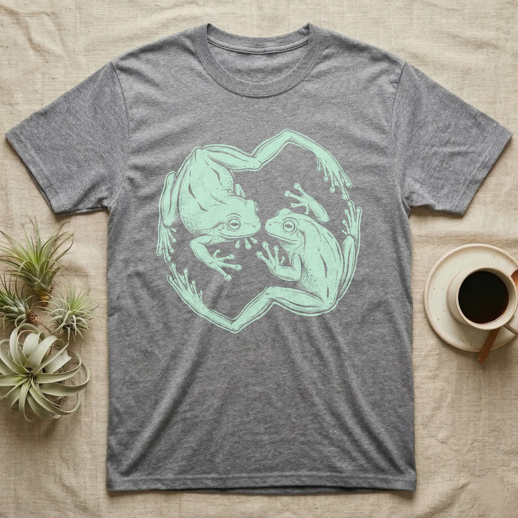 White's Tree Frog Roundel T-Shirt in Sport Grey — Brush line art of two White's tree frogs facing each other, bodies curving into a circle, on grey