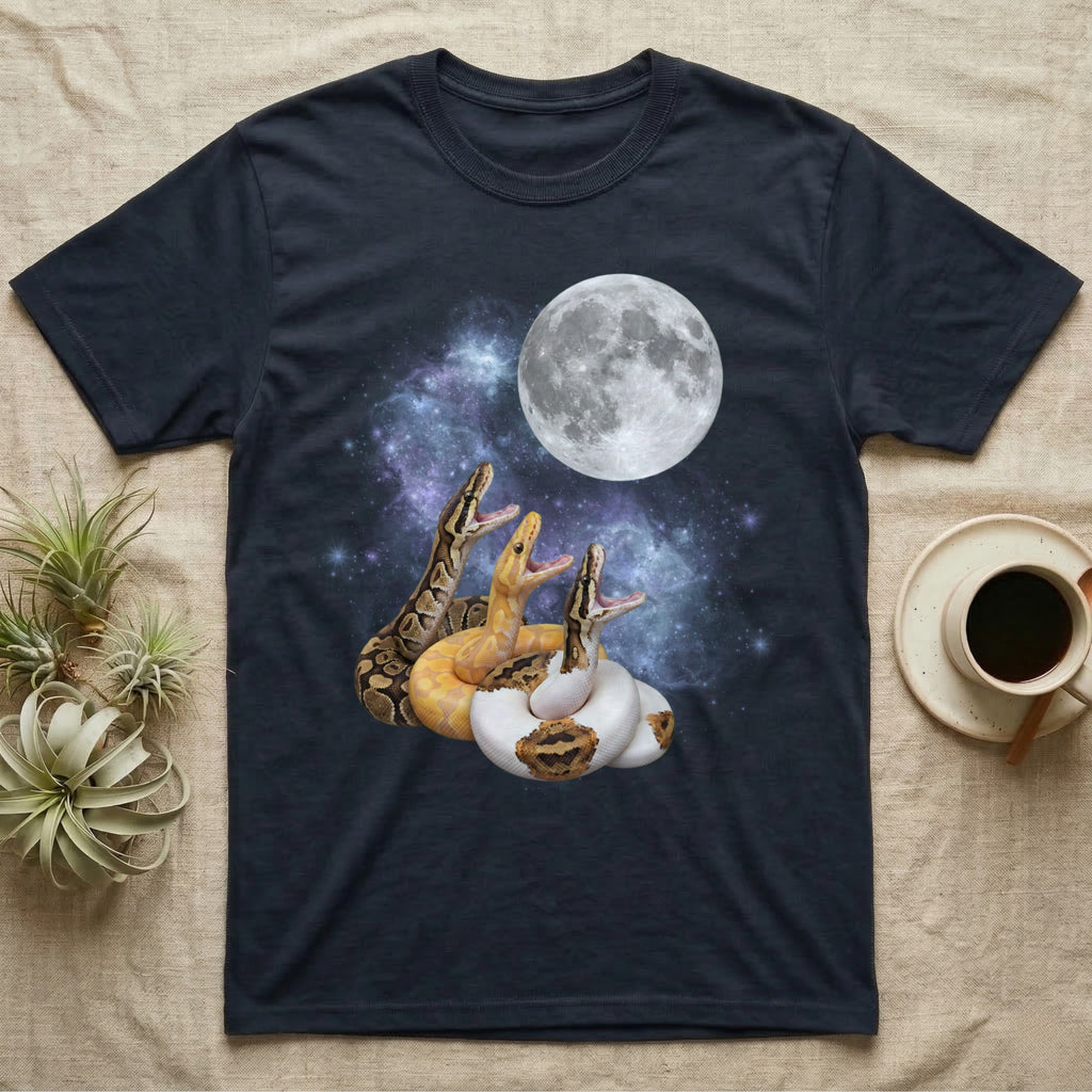 Ball Python Moon Howl T-Shirt in Navy — Three Ball Python colour morphs howling at a full moon over a nebula on a dark grey t-shirt.