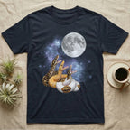 Ball Python Moon Howl T-Shirt in Navy — Three Ball Python colour morphs howling at a full moon over a nebula on a dark grey t-shirt.