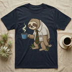 Tired sloth in a tie holding a steaming coffee mug, on a t-shirt.