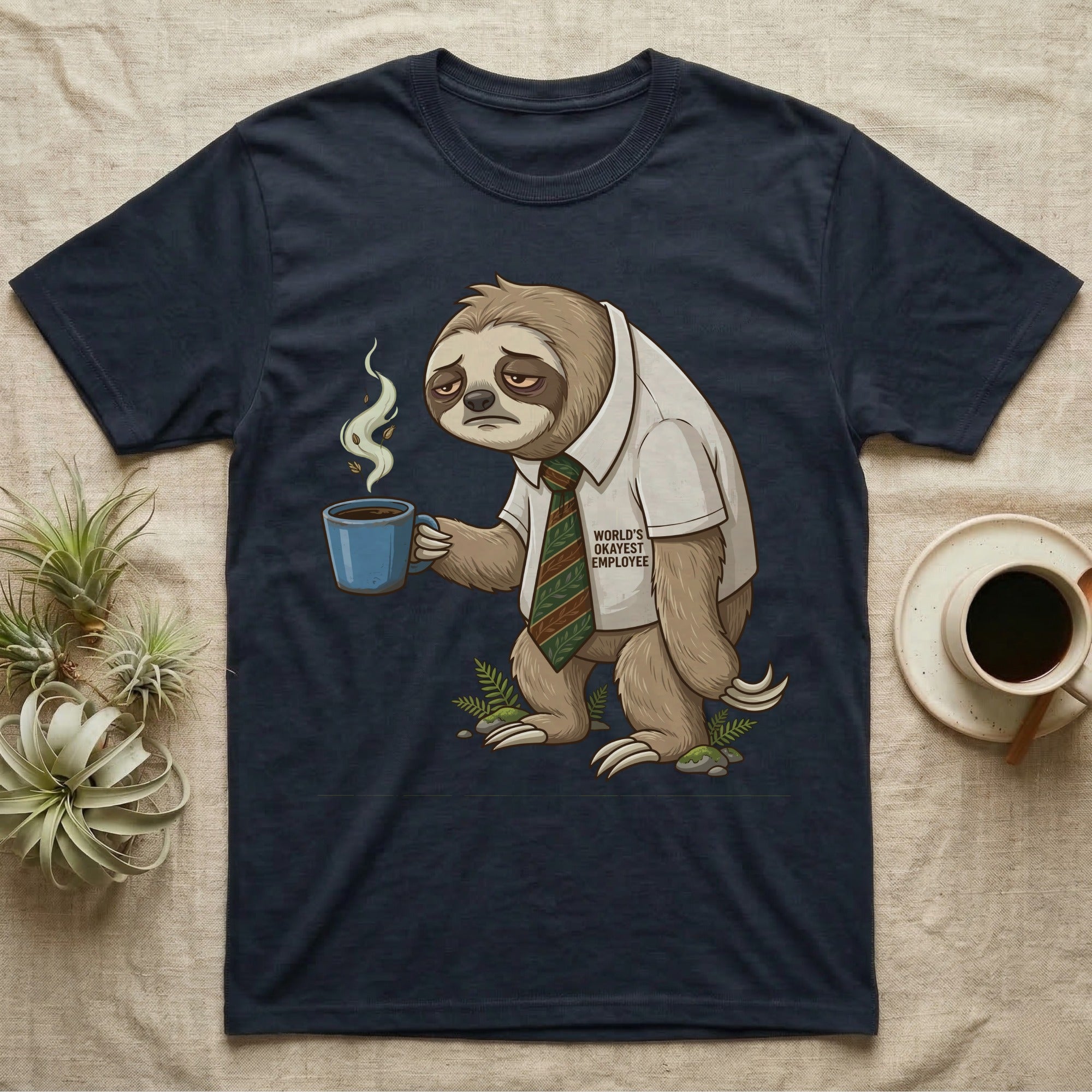 Tired sloth in a tie holding a steaming coffee mug, on a t-shirt.