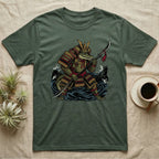 Green t-shirt with a samurai alligator wearing armor and holding a spear.
