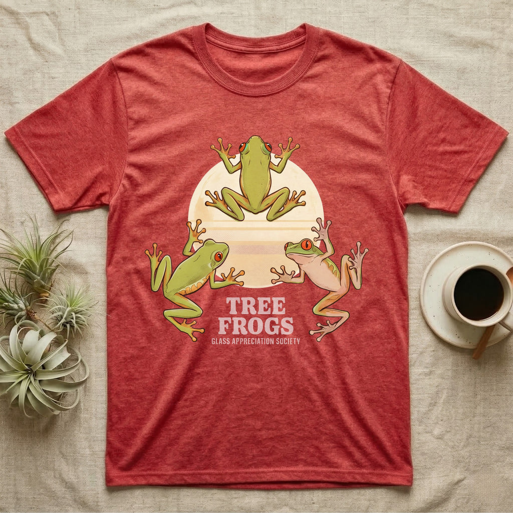 Three Tree Frog Moon T-Shirt in Heather Red — Retro-illustration of three tree frogs in splayed glass-cling poses around a stratified halftone full moon.