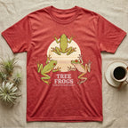 Three Tree Frog Moon T-Shirt in Heather Red — Retro-illustration of three tree frogs in splayed glass-cling poses around a stratified halftone full moon.