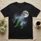 Giant Day Gecko Moon Howl T-Shirt in Black — Three Giant Day Gecko colour morphs howling at a full moon over a nebula on a dark grey t-shirt.