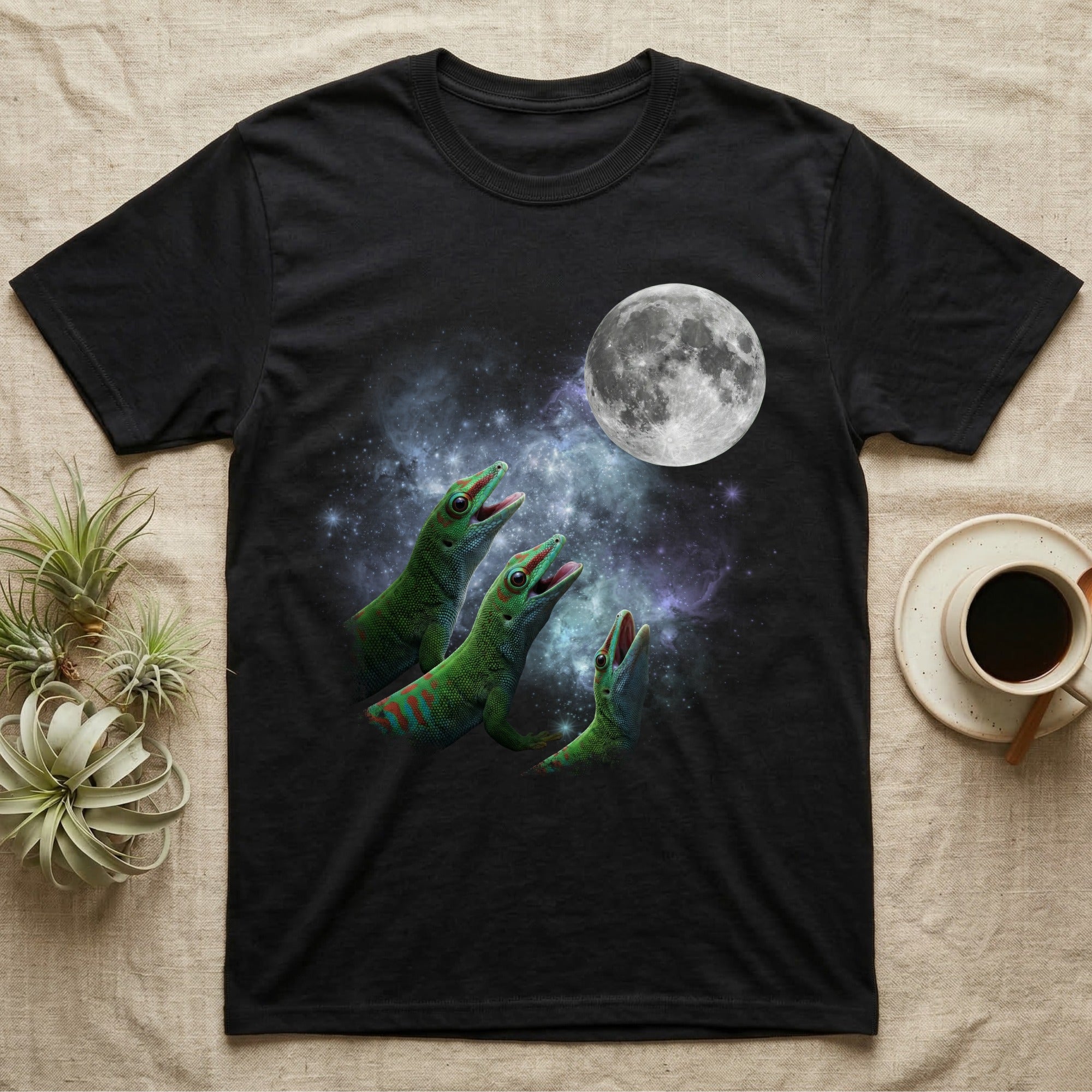 Giant Day Gecko Moon Howl T-Shirt in Black — Three Giant Day Gecko colour morphs howling at a full moon over a nebula on a dark grey t-shirt.
