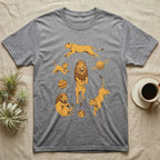 Gray t-shirt with illustrations of lions in space with planets.