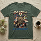 Bearded Dragon Uncle Sam T-Shirt in Military Green — Splatter-art bearded dragon as Uncle Sam pointing forward under text 250 Years of Lizard Supremacy.