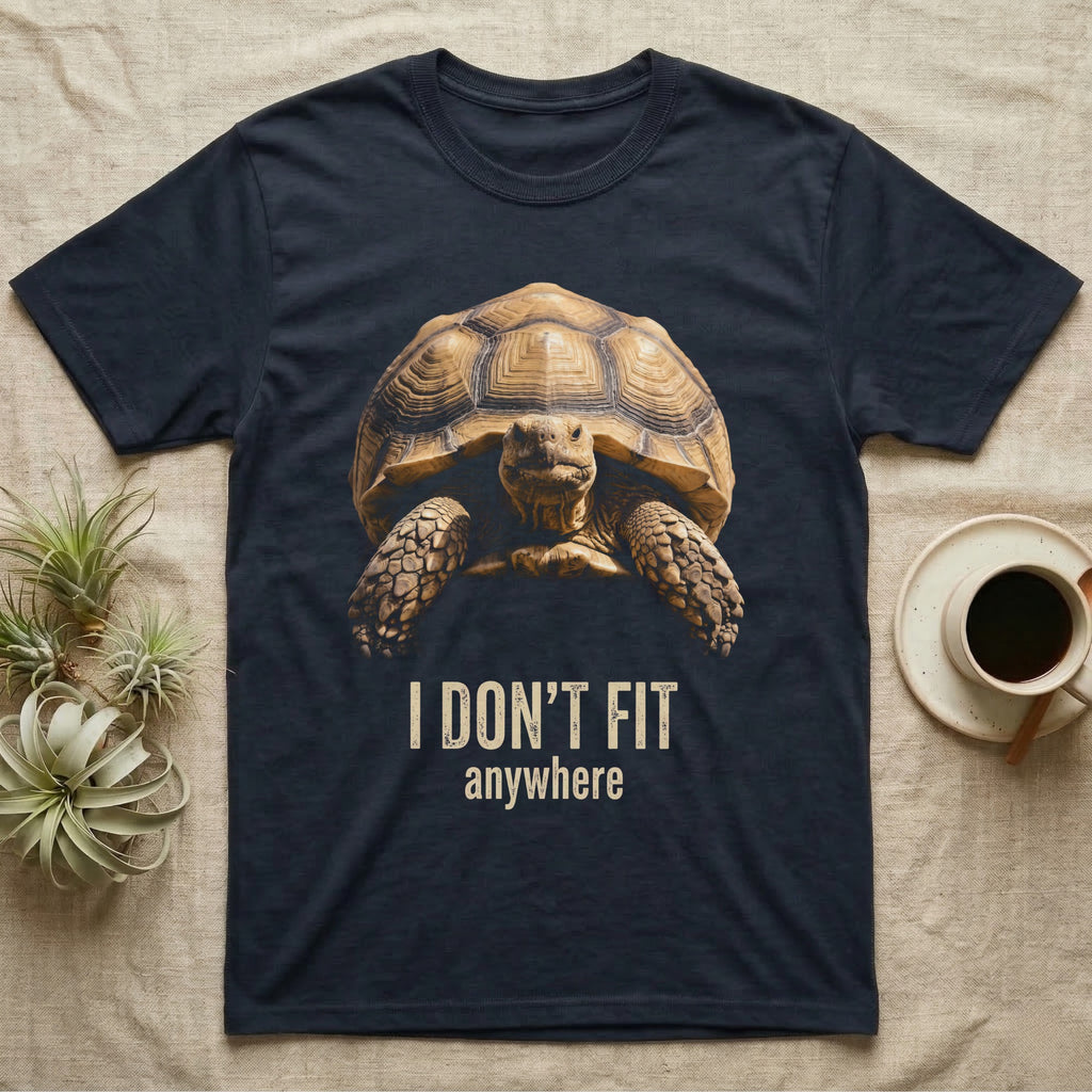 Deadpan mugshot of a sulcata tortoise on black, captioned I don't fit, anywhere. — shown on a Navy tee.
