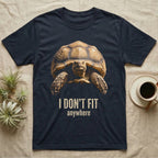 Deadpan mugshot of a sulcata tortoise on black, captioned I don't fit, anywhere. — shown on a Navy tee.