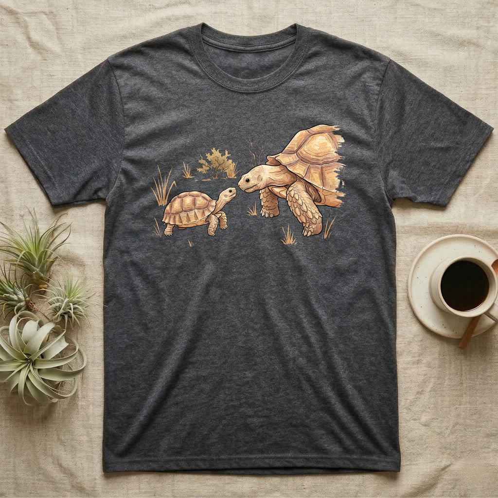 Sulcata Watercolour Profile T-Shirt in Dark Heather — Watercolour sulcata tortoise in left profile, broken ink outline, a thin line at head height ending in an ochre bloom