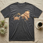Sulcata Watercolour Profile T-Shirt in Dark Heather — Watercolour sulcata tortoise in left profile, broken ink outline, a thin line at head height ending in an ochre bloom