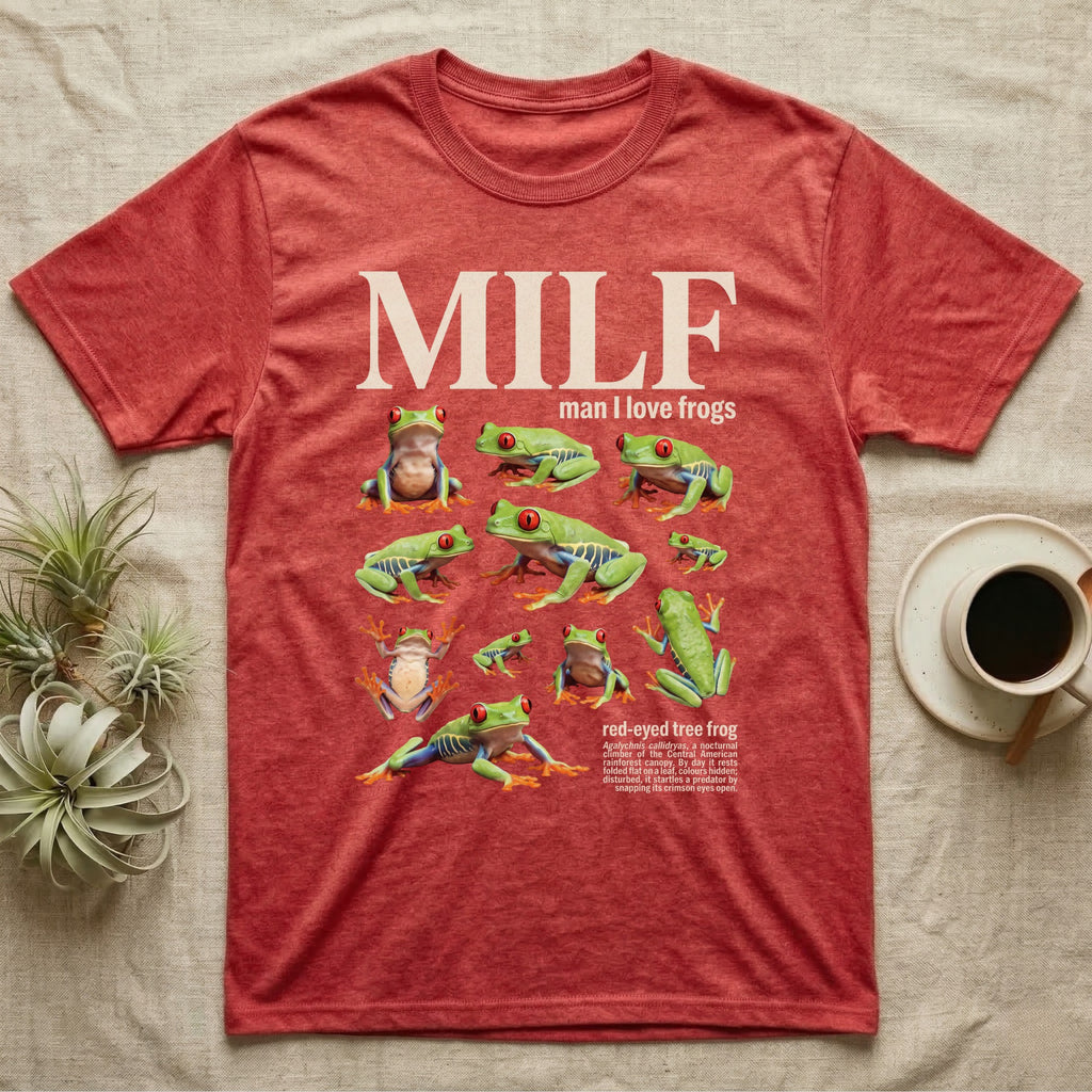 Red-Eyed Tree Frog MILF T-Shirt in Heather Red — Eight red-eyed tree frogs in a cut-out photo collage beneath the huge cream word MILF on grey.