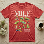 Red-Eyed Tree Frog MILF T-Shirt in Heather Red — Eight red-eyed tree frogs in a cut-out photo collage beneath the huge cream word MILF on grey.