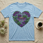 Light blue t-shirt with a purple crab and floral heart design.