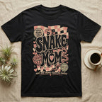Black t-shirt with "Serpent Mama" and "Snake Mom" text and snake graphics.