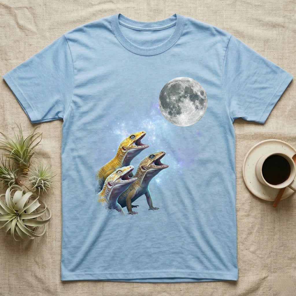 Leopard Gecko Moon Howl T-Shirt in Light Blue — Three Leopard Gecko colour morphs howling at a full moon over a nebula on a dark grey t-shirt.