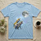 Leopard Gecko Moon Howl T-Shirt in Light Blue — Three Leopard Gecko colour morphs howling at a full moon over a nebula on a dark grey t-shirt.