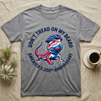 Bearded Dragon Don't Tread T-Shirt in Sport Grey — Pop-art red-white-blue bearded dragon in a tricorn hat inside a ring reading Don't Tread On My Beard.