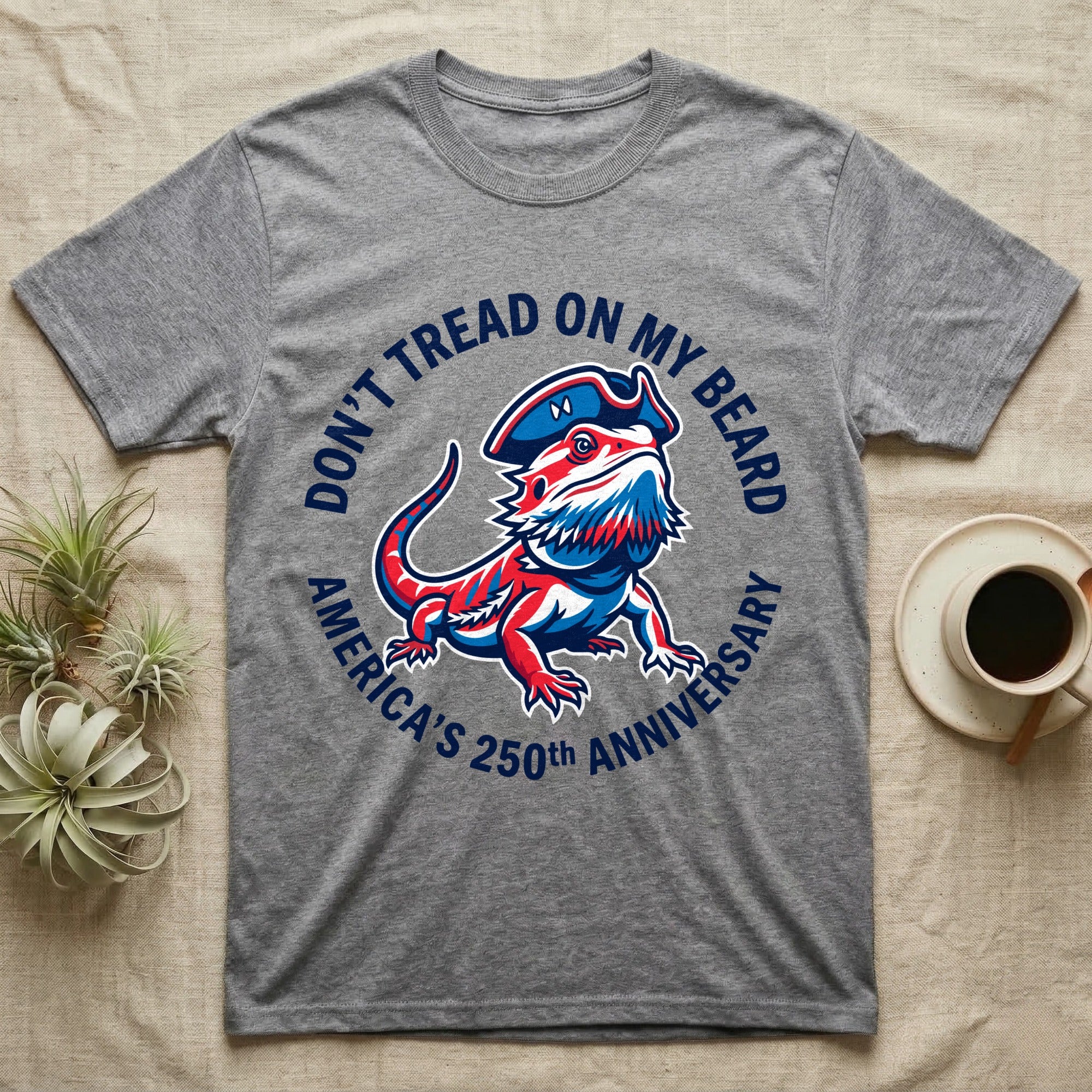 Bearded Dragon Don't Tread T-Shirt in Sport Grey — Pop-art red-white-blue bearded dragon in a tricorn hat inside a ring reading Don't Tread On My Beard.