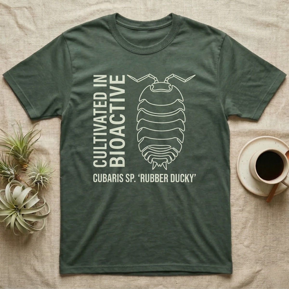 Rubber Ducky Isopod Line Art T-Shirt in Military Green — Bone-white outline drawing of a rubber ducky isopod labelled Cubaris sp. beside vertical stencil type.