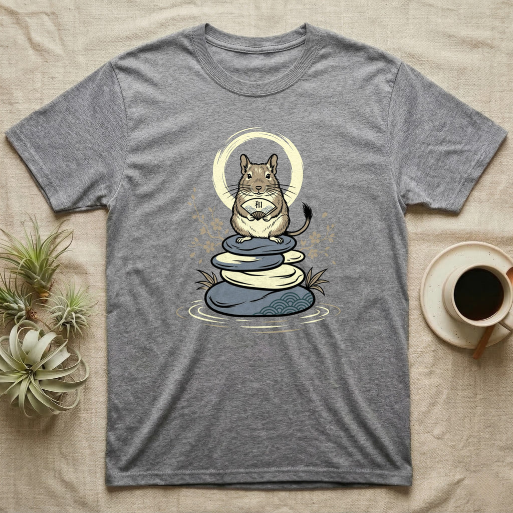 Grey t-shirt with a zen-inspired rodent design and Japanese wave pattern.