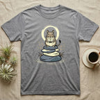 Grey t-shirt with a zen-inspired rodent design and Japanese wave pattern.